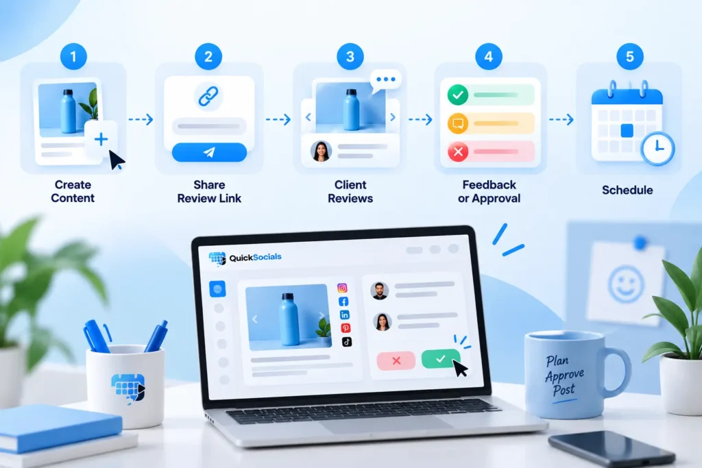 QuickSocials social media client approval workflow from content creation to scheduling