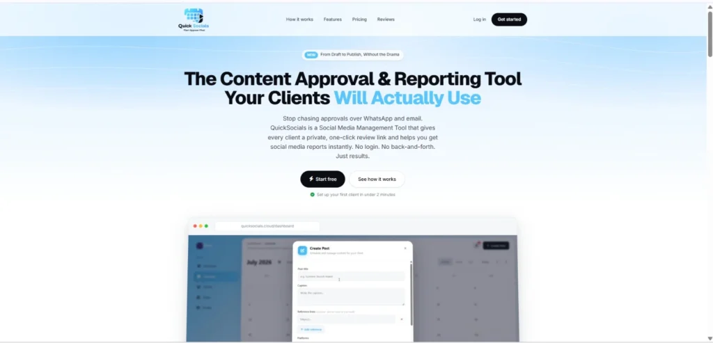 QuickSocials Social Media Scheduling Tool dashboard for content planning, client approvals, and Instagram reporting.