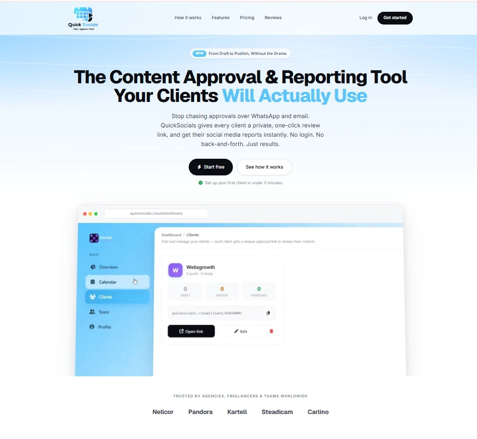 QuickSocials content approval and reporting tool dashboard