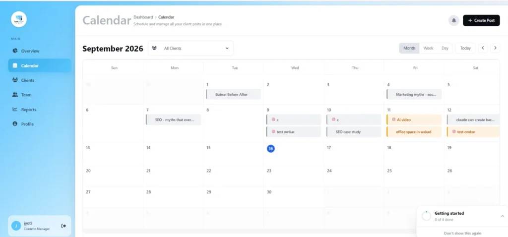 QuickSocials social media content calendar for managing multiple clients