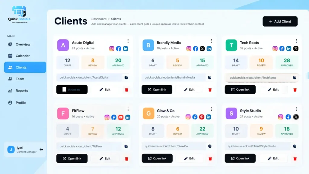 Social Media Scheduling Tool dashboard displaying multiple client accounts and organized social media content.