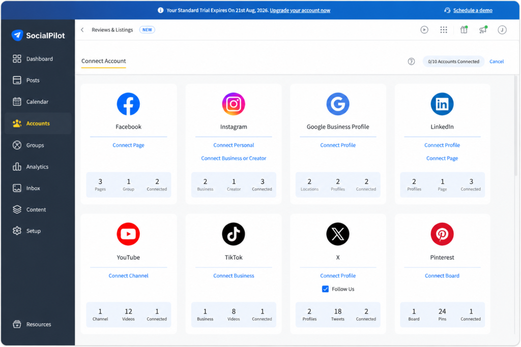 SocialPilot dashboard showing connected social media accounts