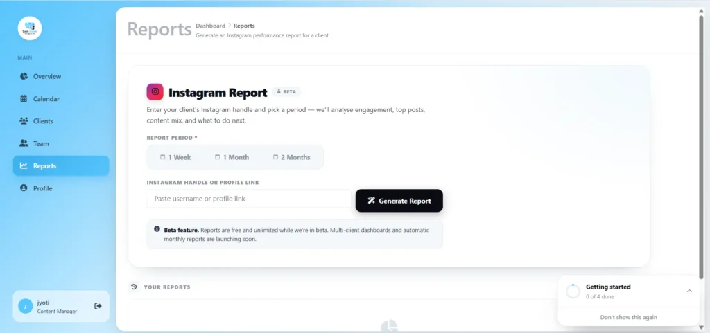 Social Media Scheduling Tool showing social media analytics, performance metrics, and client reporting.