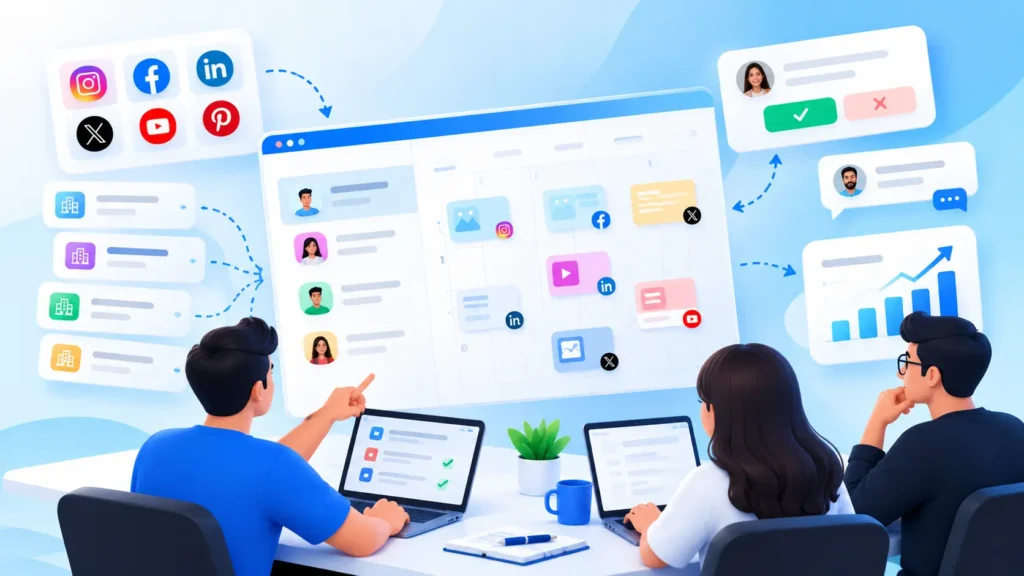 Social Media Scheduling Tool showing a team planning client content, managing approvals, and reviewing performance.