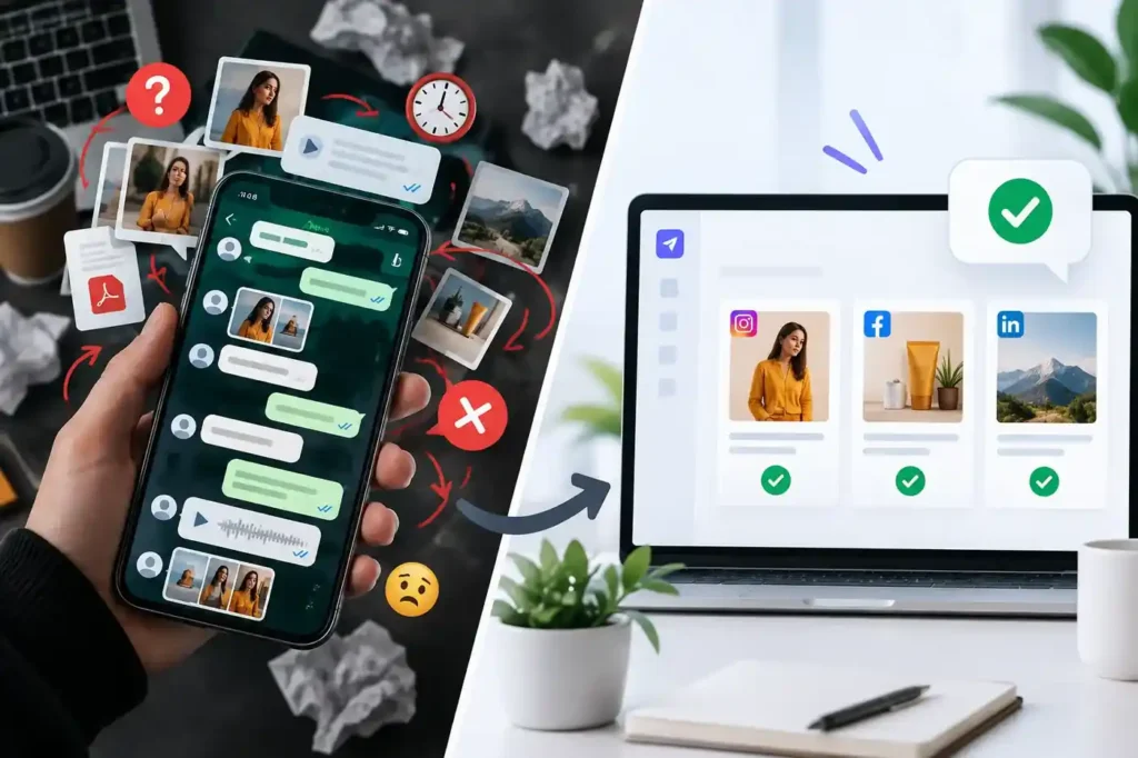 WhatsApp social media approval messages compared with a structured client approval workflow