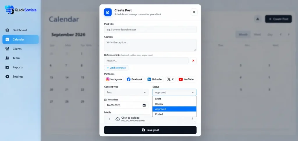 QuickSocials client approval workflow with social media content calendar