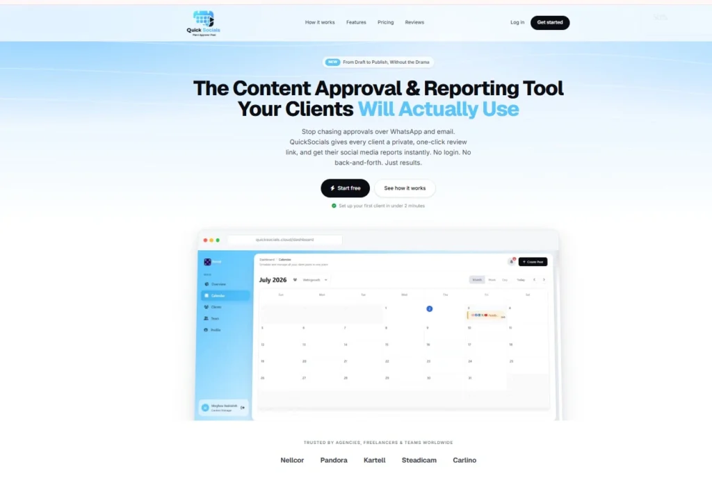 QuickSocials content approval and reporting tool with visual social media calendar