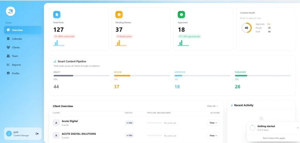 QuickSocials dashboard for managing multiple social media clients