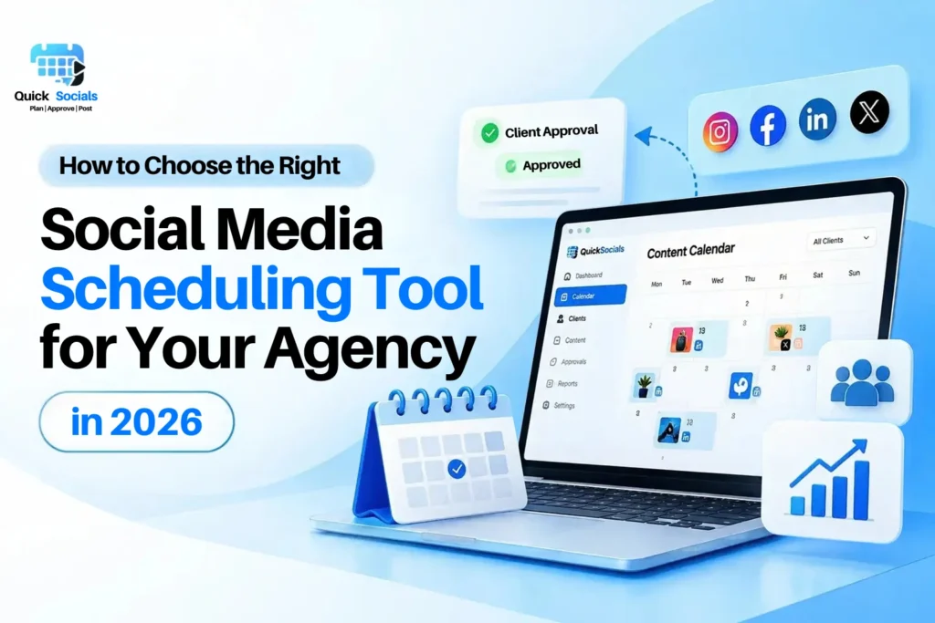 Social Media Scheduling Tool dashboard showing a team planning client content, reviewing approvals, and tracking social media performance.
