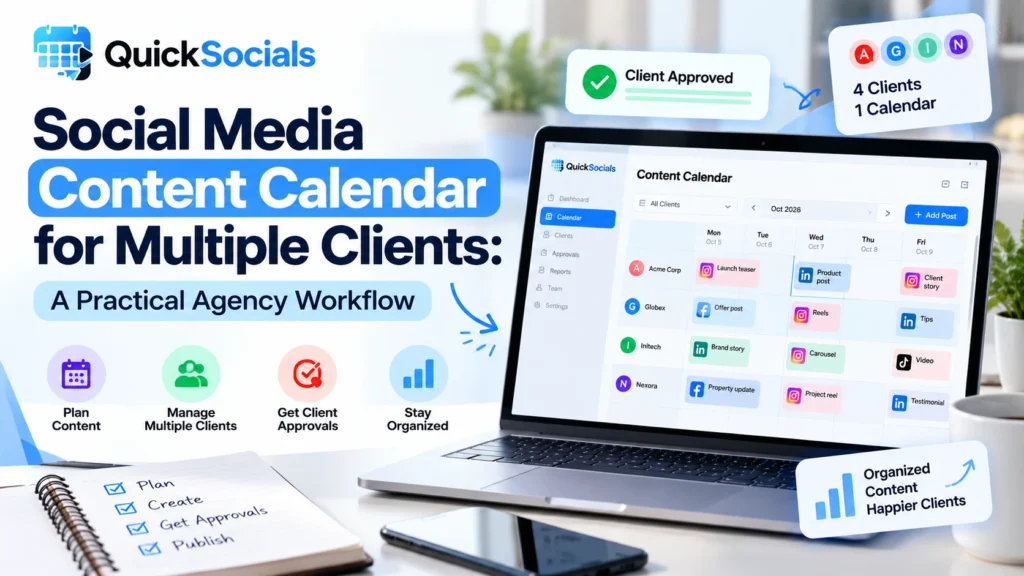 Social media content calendar for multiple clients managed through QuickSocials dashboard
